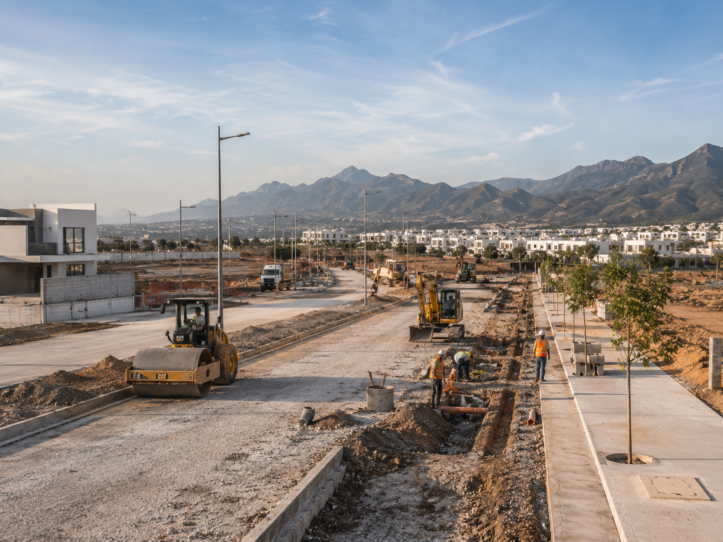 Construcción de carretera con maquinaria de terracería y nivelación