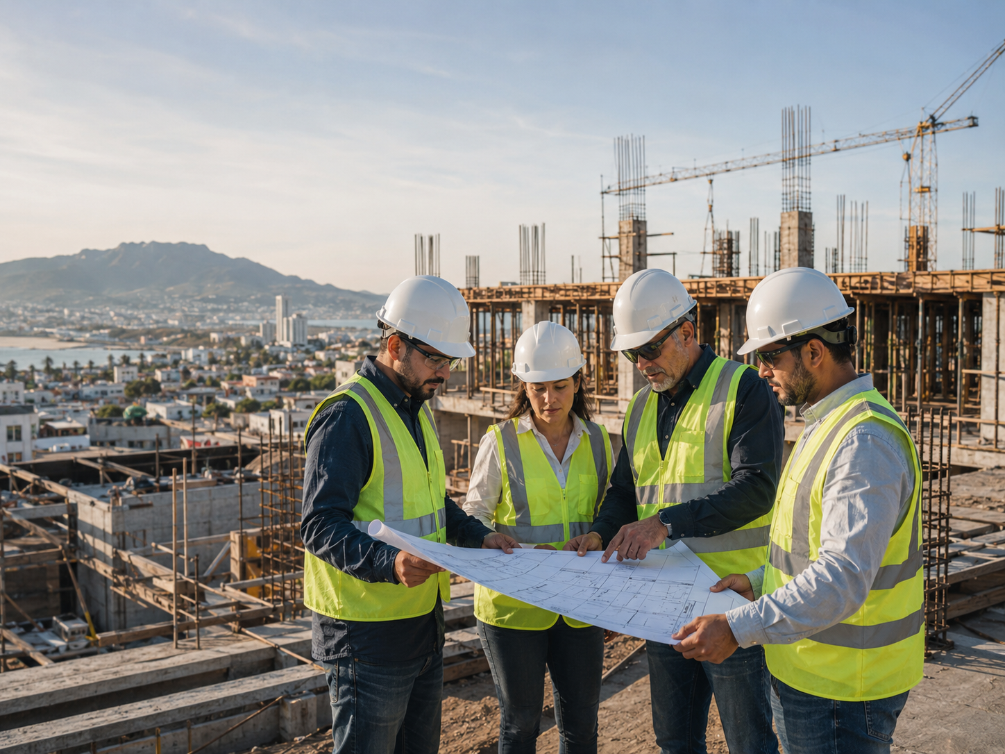 Equipo técnico revisando planos en obra civil